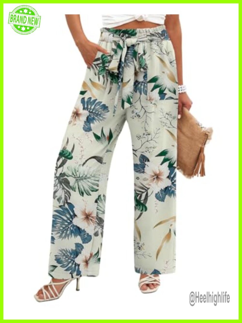 Wide Leg Pants High Elastic Waist Adjustable Knot Flowy Trousers with Pockets